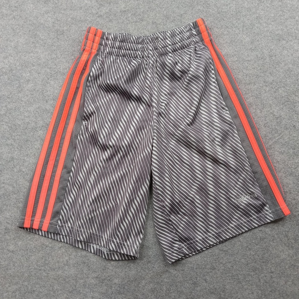 Adidas Shorts Boys Small Gray Orange Striped Athletic 3 Stripe Mesh Sport